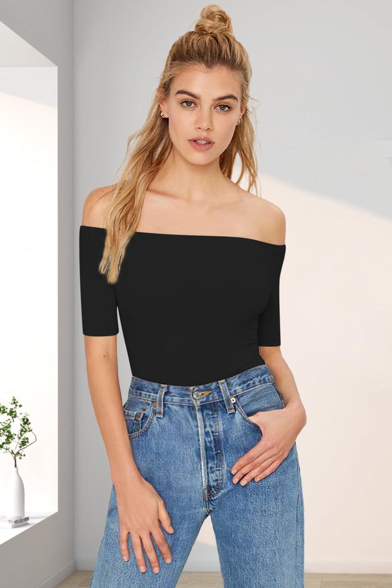 Sarin Mathews Women's Sexy Slim Fit Stretchy Off Shoulder Elbow Half Sleeve Blouse Tops Black XL - Image 4